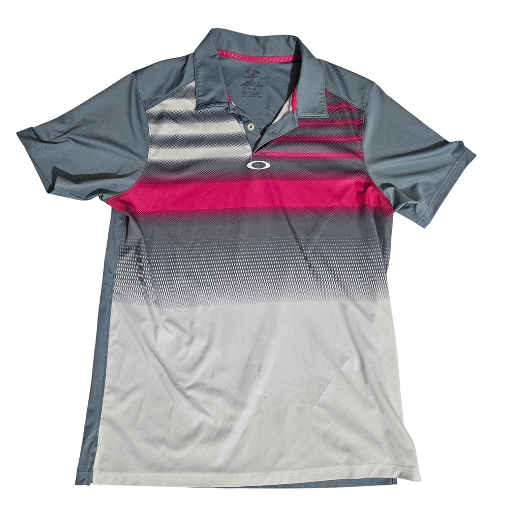 Oakley Mens Regular Fit Golf Polo Shirt O Hydrolix Pink Grey White Stripe Medium
